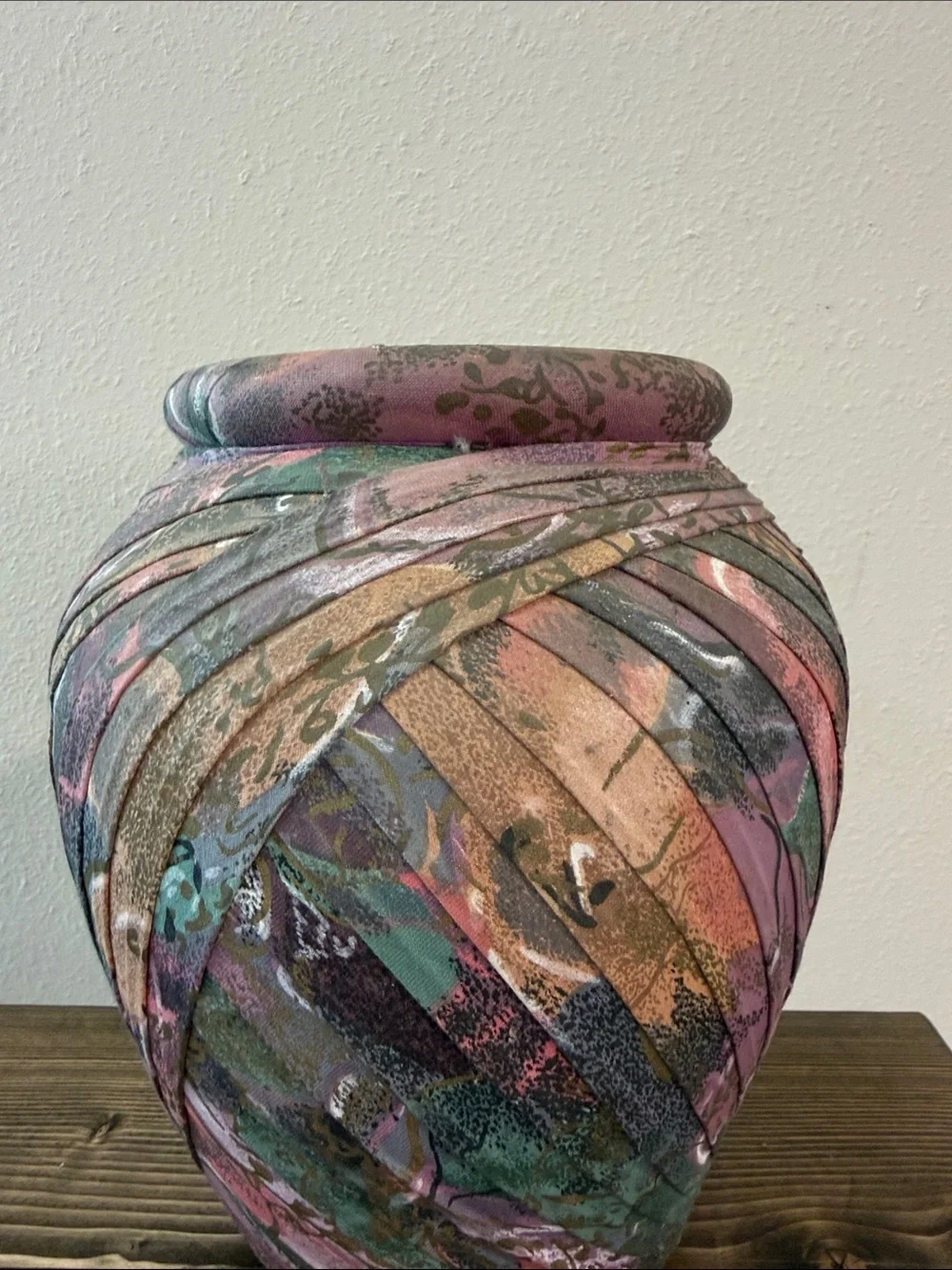 Vintage Fabric Wrapped Vase Planter Boho Abstract Multicolor Art Decor